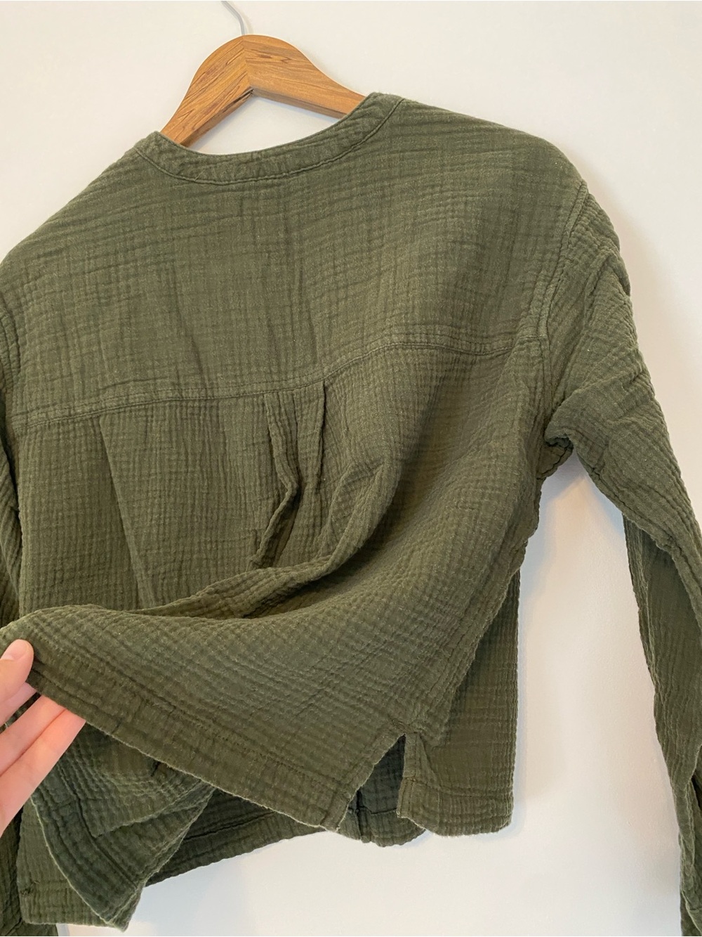 Olive Green Button-Front Gauze Blouse - Picture 7 of 9